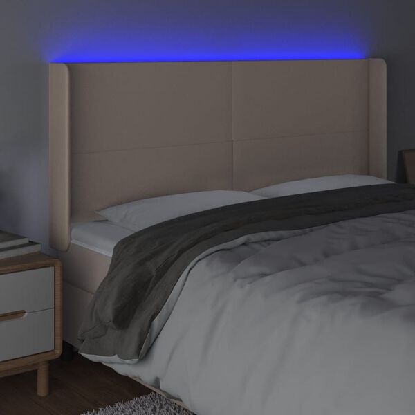 vidaXL sengegavl med LED-lys 203x16x118/128 cm kunstl&aelig;der cappuccino