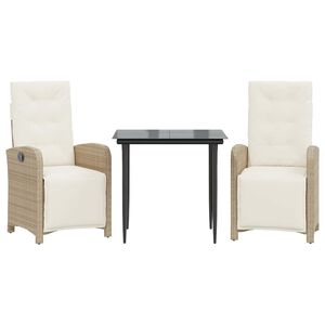 vidaXL bistros&aelig;t til haven 3 dele med hynder polyrattan beige