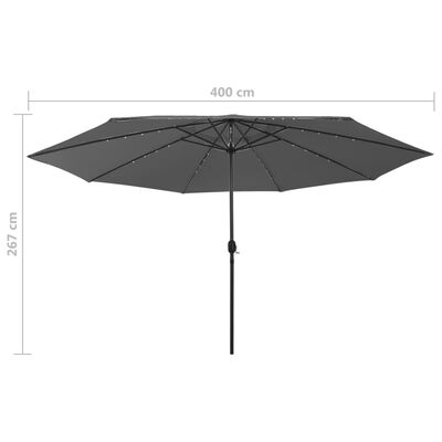 vidaXL parasol m. LED-lys + metalstang 400 cm antracitgrå