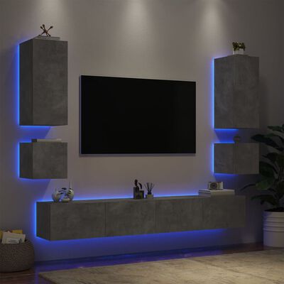 vidaXL tv-møbel til væg 6 dele med LED-lys betongrå