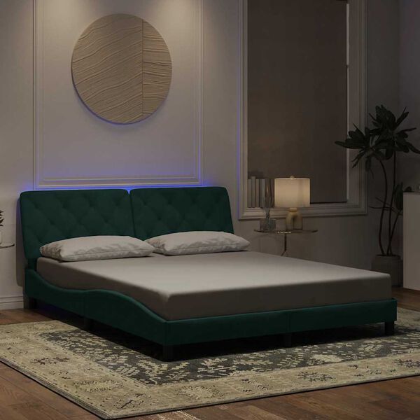 vidaXL sengeramme med LED uden madras 160x200 cm velour m&oslash;rkegr&oslash;n