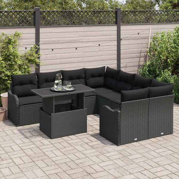 vidaXL Havesofa S&aelig;t med pude 9 pcs Sort Poly rattan