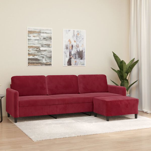 vidaXL 3-personers sofa med fodskammel 210 cm velour vinr&oslash;d