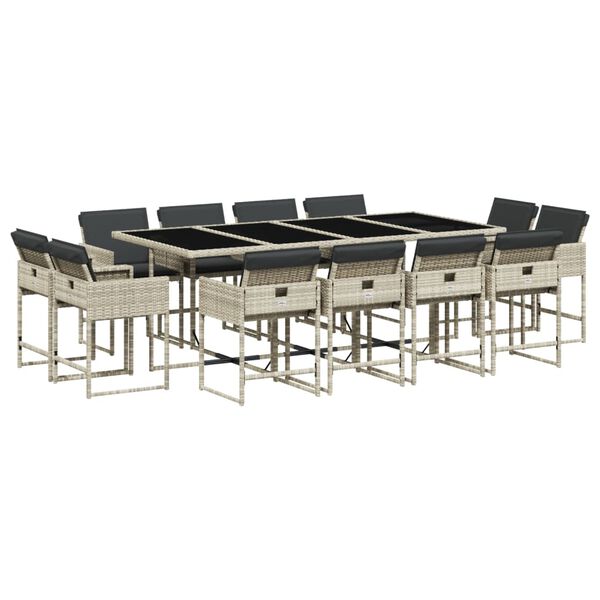 vidaXL spisebordss&aelig;t til haven 13 dele med hynder polyrattan lysegr&aring;