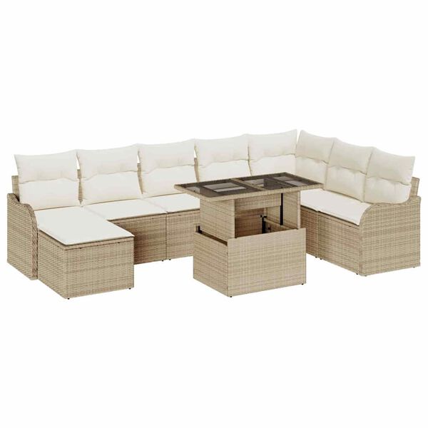 vidaXL Havesofa S&aelig;t med pude med opbevaring 9 pcs Beige Poly rattan
