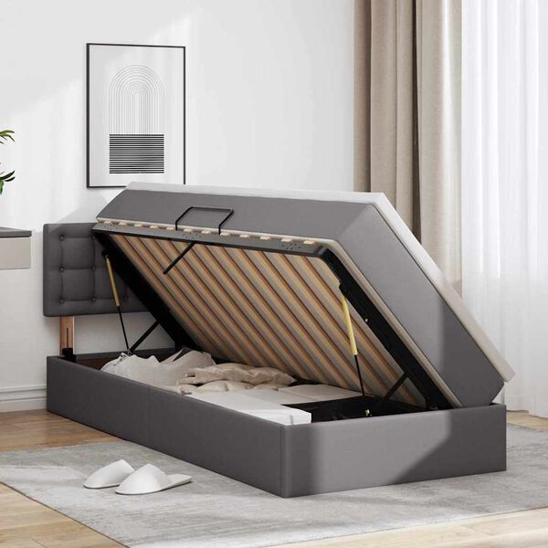 vidaXL Seng med opbevaring og LED med LED Gr&aring; 90 x 200 cm Faux l&aelig;der