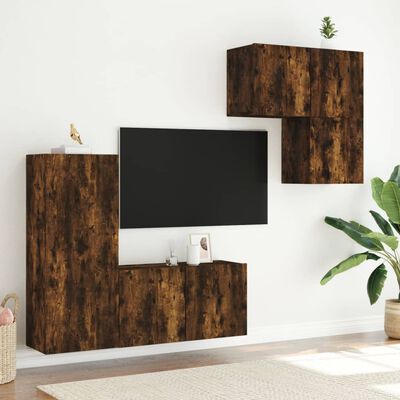 vidaXL tv-møbel til væg 4 dele konstrueret træ røget egetræsfarve