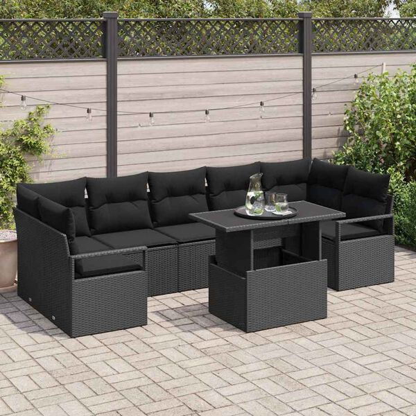 vidaXL Havesofa Sæt med pude 8 pcs Sort polyrattan