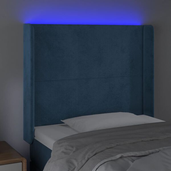 vidaXL sengegavl med LED-lys 103x16x118/128 cm fl&oslash;jl m&oslash;rkebl&aring;