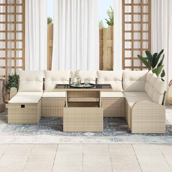vidaXL Havesofa S&aelig;t med pude med opbevaring 9 pcs Beige Poly rattan