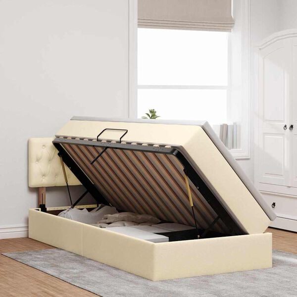 vidaXL Seng med opbevaring og LED med madras Creme 90 x 190 cm Stof