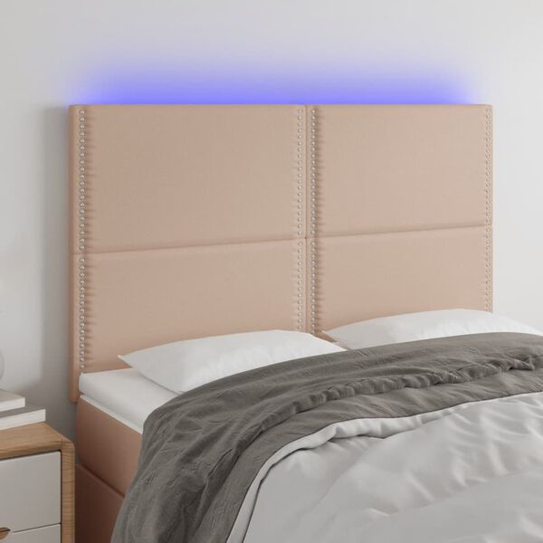 vidaXL sengegavl med LED-lys 144x5x118/128 cm kunstl&aelig;der cappuccino