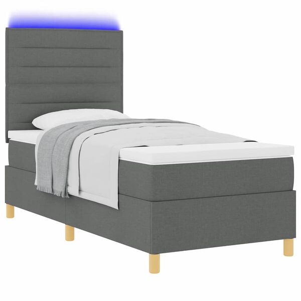 vidaXL LED Box Spring Bed med madras M&oslash;rkegr&aring; 90 x 190 cm Stof