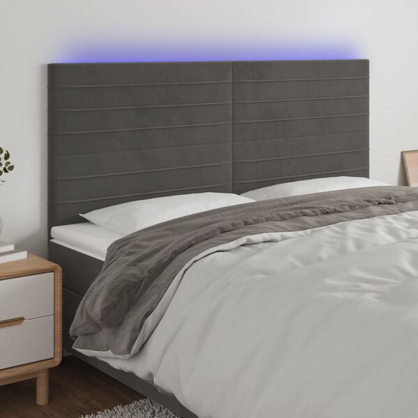 vidaXL sengegavl med LED-lys 180x5x118/128 cm fl&oslash;jl m&oslash;rkegr&aring;