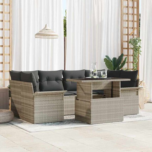 vidaXL Havesofa S&aelig;t med pude 7 pcs Lysegr&aring; Poly rattan