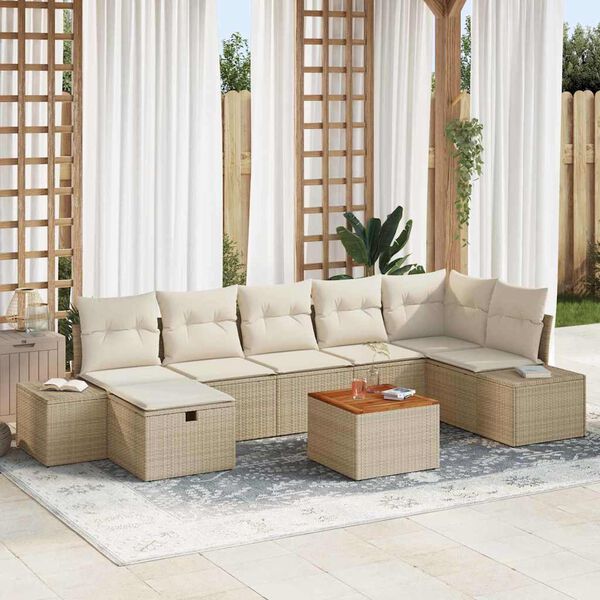 vidaXL Havesofa S&aelig;t med pude med opbevaring 8 pcs Beige Poly rattan