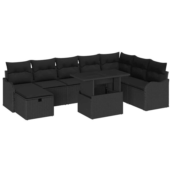 vidaXL Havesofa S&aelig;t med pude med opbevaring 9 pcs Sort Poly rattan
