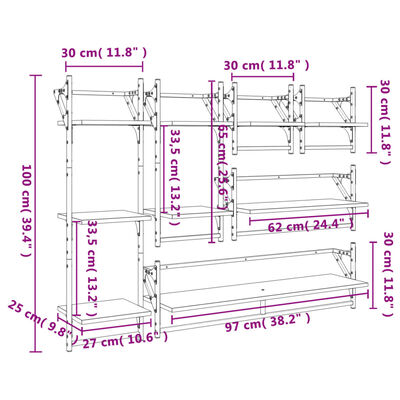 vidaXL væghyldesæt med stænger 6 dele konstrueret træ grå sonoma-eg