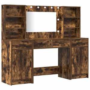 vidaXL Makeupbord s&aelig;t med LED med hylde 3 pcs R&oslash;get eg Konstrueret tr&aelig;