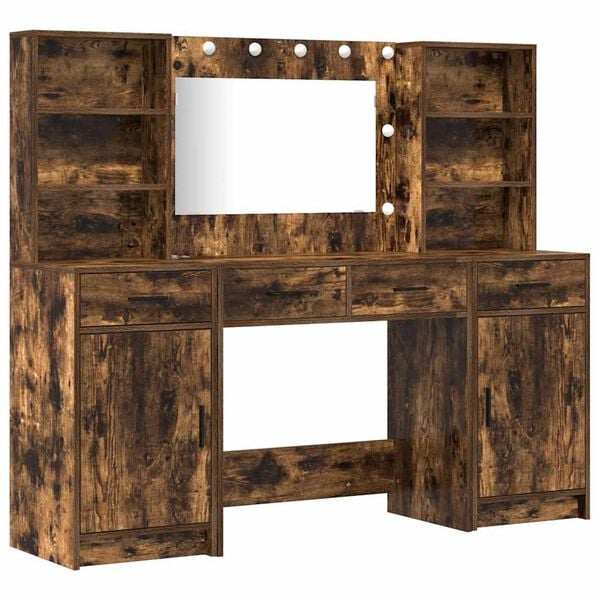 vidaXL Makeupbord s&aelig;t med LED med hylde 3 pcs R&oslash;get eg Konstrueret tr&aelig;