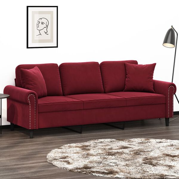 vidaXL 3-personers sofa med puder og hynder 180 cm velour vinr&oslash;d