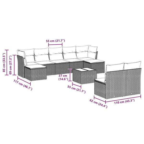 vidaXL sofas&aelig;t til haven 10 dele med hynder polyrattan lysegr&aring;