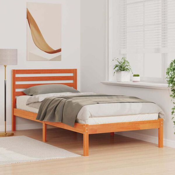 vidaXL Sengestel med hovedg&aelig;rde Voks brun 90 x 190 cm Massiv fyrretr&aelig;