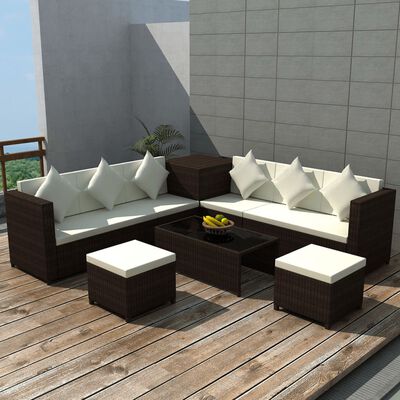 vidaXL loungesæt til haven 8 dele med hynder polyrattan brun