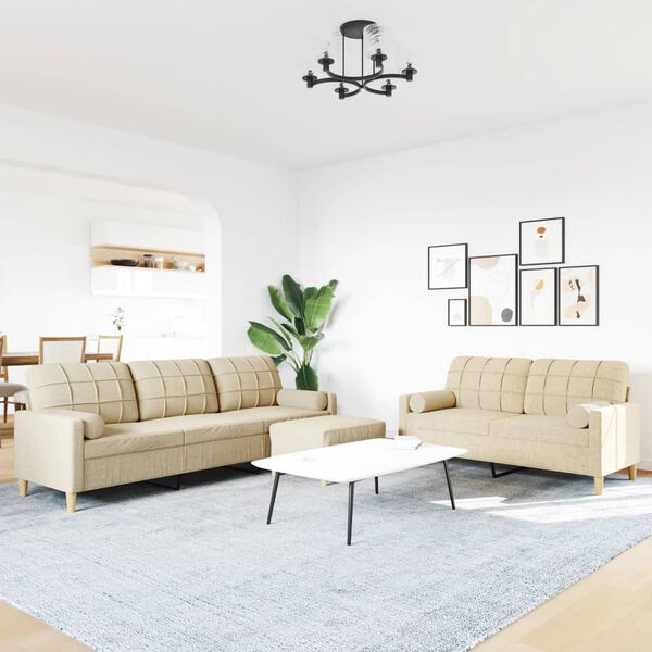 vidaXL sofasæt 3 dele med fodskammel og pyntepuder stof cremefarvet
