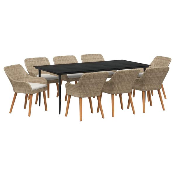 vidaXL Have Spisebordss&aelig;t med pude 9 pcs Beige polyrattan