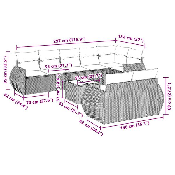 vidaXL sofas&aelig;t til haven 9 dele med hynder polyrattan lysegr&aring;