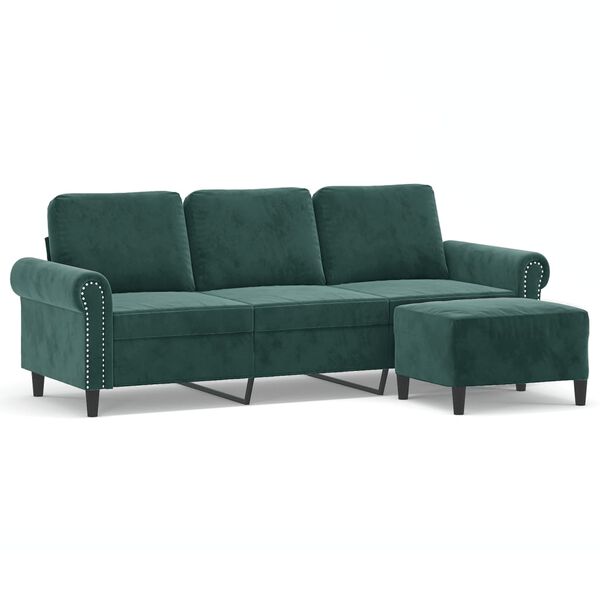 vidaXL 3-personers sofa med fodskammel 180 cm velour M&oslash;rkegr&oslash;n