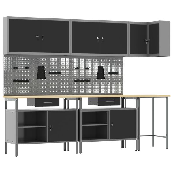 vidaXL Arbejds skab S&aelig;t med skuffe med hylde 10 pcs Sort og gr&aring;
