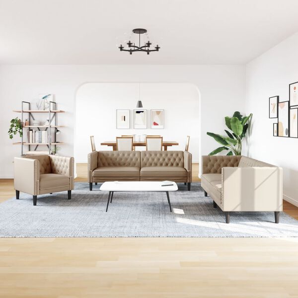 vidaXL 3-personers Chesterfield-sofasæt kunstlæder cappuccinofarvet