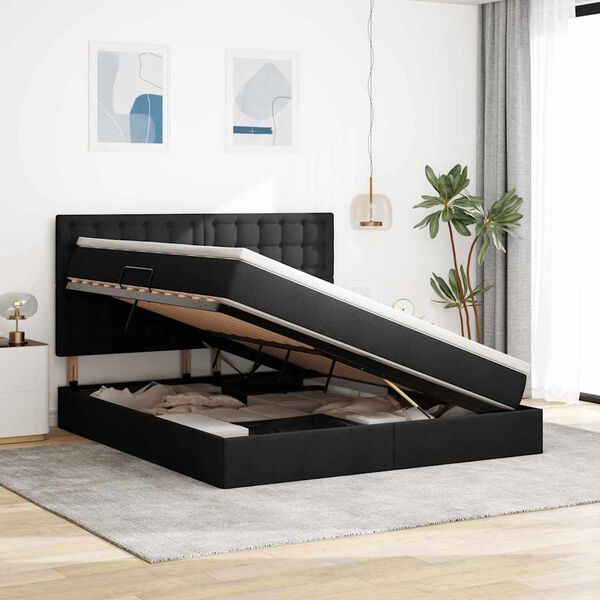 vidaXL Seng med opbevaring og LED med LED Sort 160 x 200 cm Polyester