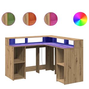 vidaXL skrivebord med LED-lys 130x130x91 cm konstrueret tr&aelig; gammelt eg