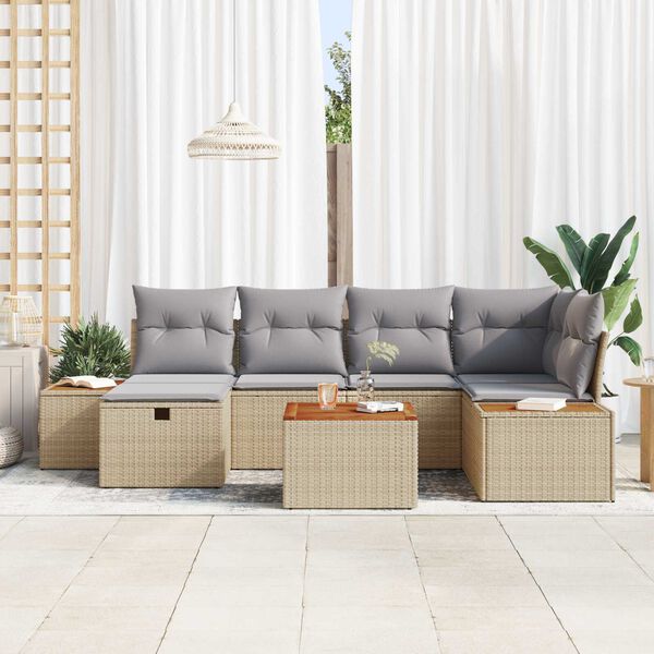 vidaXL Havesofa Sæt med pude med opbevaring 7 pcs Beige polyrattan