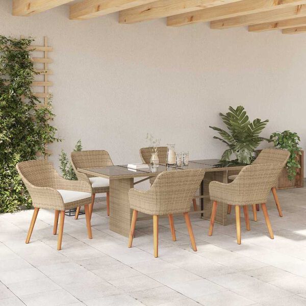 vidaXL Have Spisebordss&aelig;t med pude 7 pcs Beige polyrattan