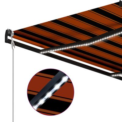 vidaXL foldemarkise med vindsensor og LED 450x300 cm orange og brun