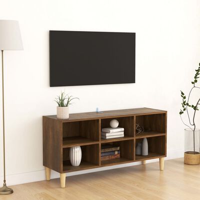 vidaXL tv-bord med massive træben 103,5x30x50 cm brun eg