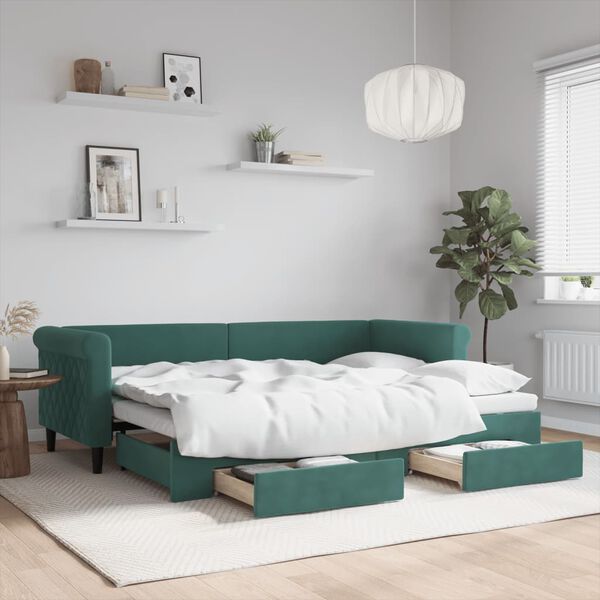 vidaXL daybed med udtræk og skuffer 80x200 cm velour mørkegrøn