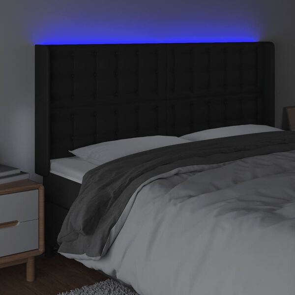 vidaXL sengegavl med LED-lys 203x16x118/128 cm kunstl&aelig;der sort