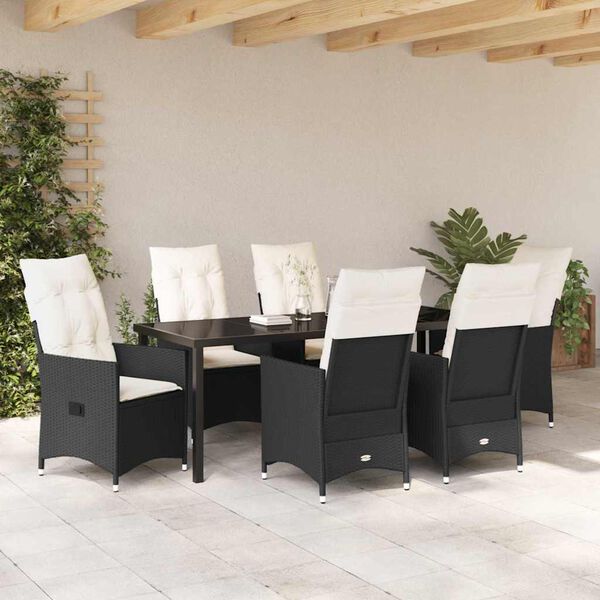 vidaXL Have Spisebordss&aelig;t med pude 7 pcs Sort polyrattan
