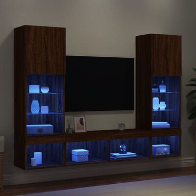 vidaXL tv-møbel til væg 5 dele med LED-lys konstrueret træ brunt eg