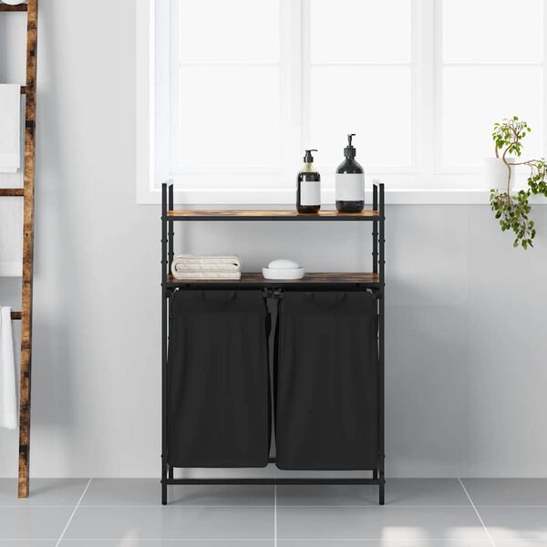 vidaXL vasketøjskurv 2 rum med hylder røget egetræsfarve