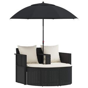vidaXL haveseng med parasol polyrattan sort