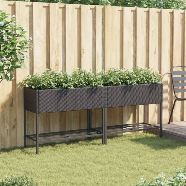 vidaXL plantekasser 2 stk. med hylde 90x40x75 cm polyrattan sort