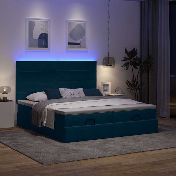 vidaXL Ottoman seng med madrasser & LEDs M&oslash;rkebl&aring; 200x200cm Fl&oslash;jl