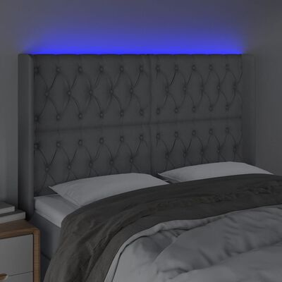 vidaXL sengegavl med LED-lys 147x16x118/128 cm stof lysegrå
