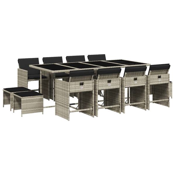 vidaXL spisebordss&aelig;t til haven 13 dele med hynder polyrattan lysegr&aring;